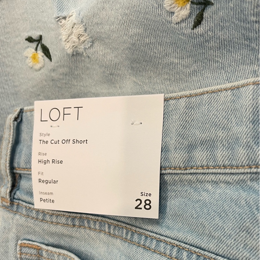 LOFT • NWT High Rise Frayed Cut Off Denim Shorts Floral Embroidered Stone Wash - Picture 6 of 10